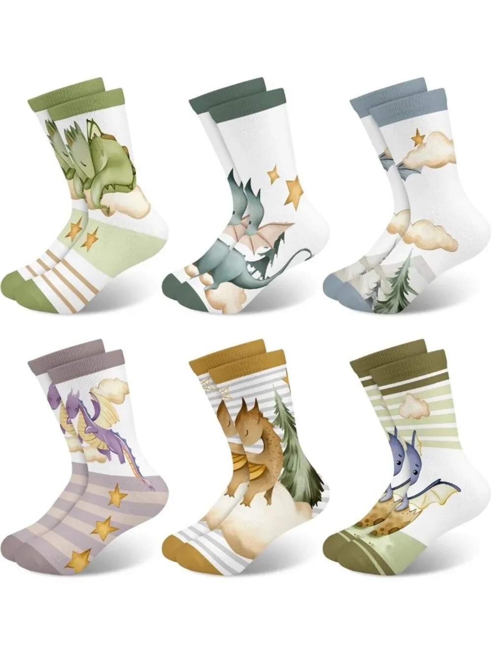 Funny Animal Printed Socks for Kids - Sloth, Dinosaur, Bee & Monkey - 6 Pairs